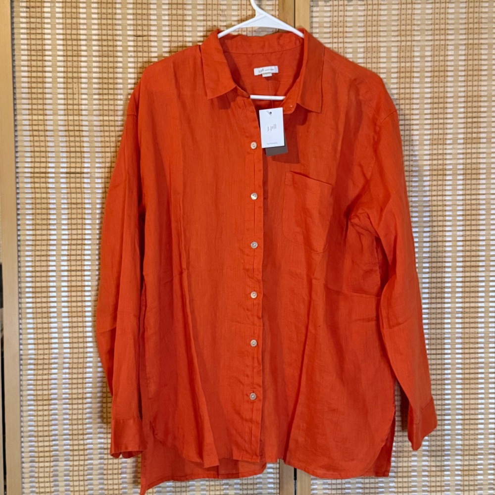 J. Jill Love Linen Zinnia Orange Button Down Shirt Large NWT Vacation Travel